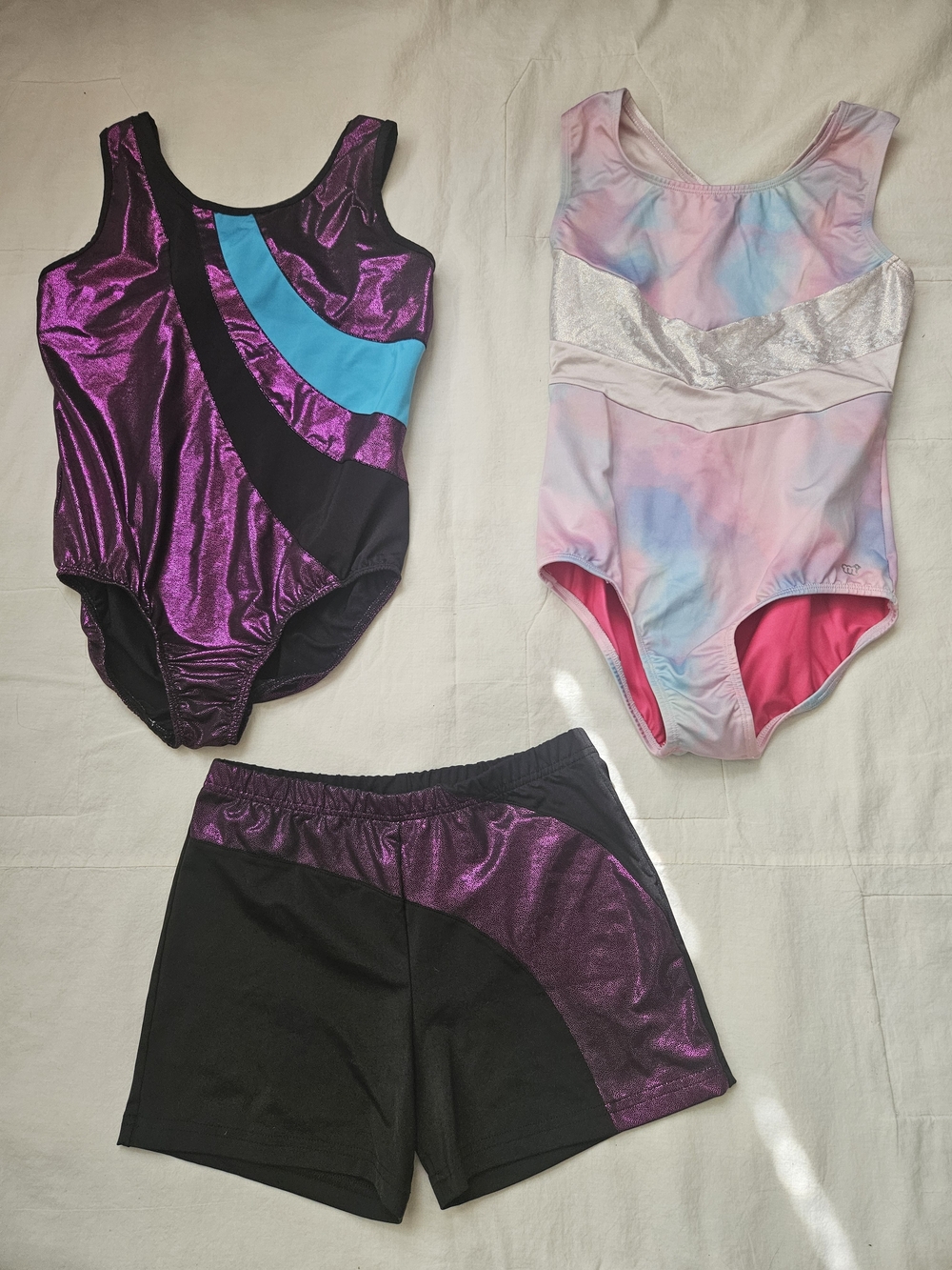Danskin 14 16 Kids Metallic Purple Gymnastics Leotard and Shorts Set